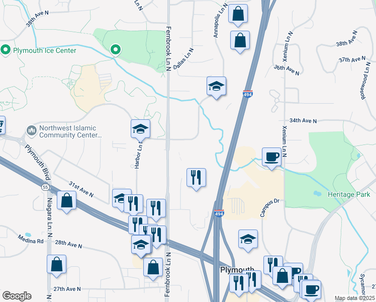 map of restaurants, bars, coffee shops, grocery stores, and more near 3300 Fernbrook Lane North in Plymouth