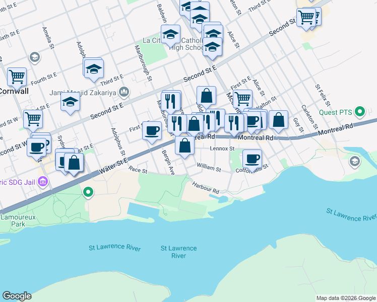 map of restaurants, bars, coffee shops, grocery stores, and more near 23 Albert Street in Cornwall