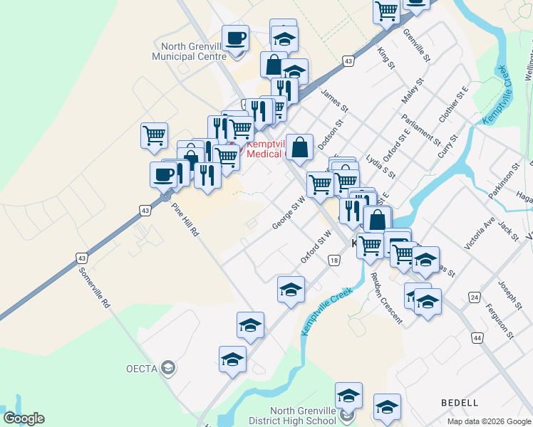 map of restaurants, bars, coffee shops, grocery stores, and more near 108 Queen Street in Kemptville