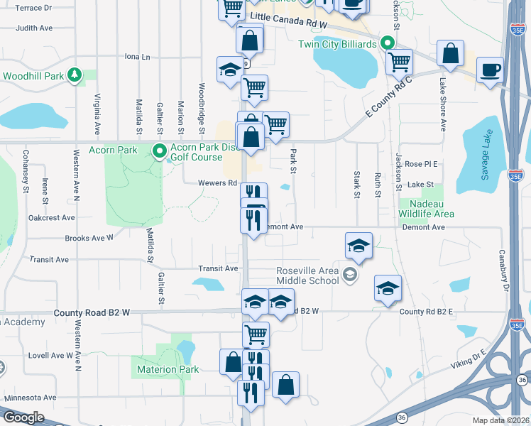 map of restaurants, bars, coffee shops, grocery stores, and more near 2536 Rice Street in Little Canada