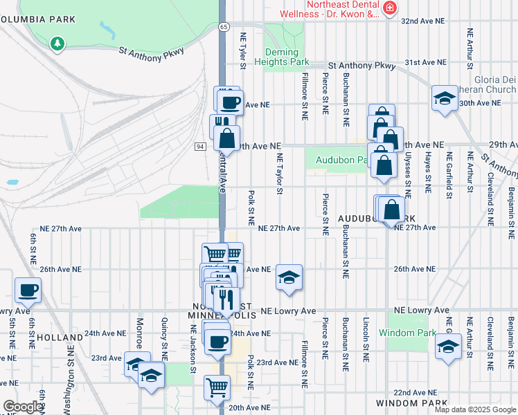 map of restaurants, bars, coffee shops, grocery stores, and more near 2734 Northeast Taylor Street in Minneapolis