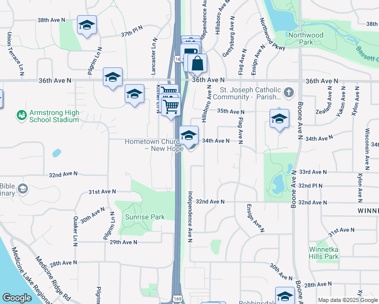 map of restaurants, bars, coffee shops, grocery stores, and more near 3351 Independence Avenue North in New Hope