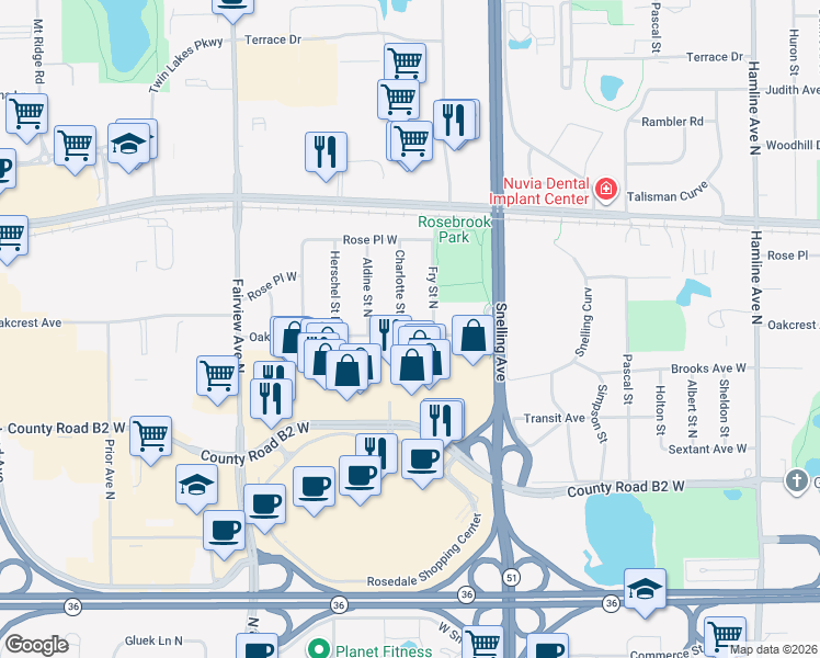 map of restaurants, bars, coffee shops, grocery stores, and more near 2551 Charlotte Street North in Roseville
