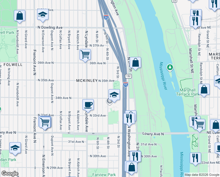 map of restaurants, bars, coffee shops, grocery stores, and more near 3447 North 4th Street in Minneapolis