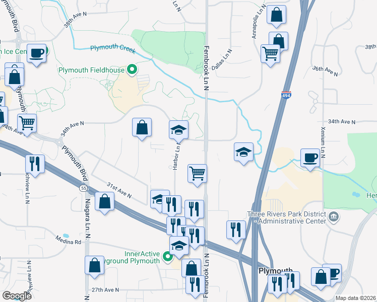 map of restaurants, bars, coffee shops, grocery stores, and more near 3350 Harbor Lane North in Plymouth