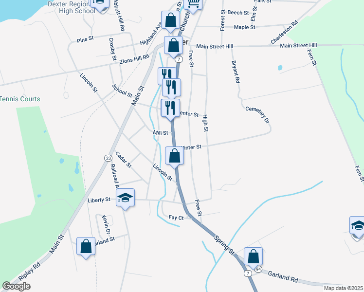 map of restaurants, bars, coffee shops, grocery stores, and more near 12 Winter Street in Dexter
