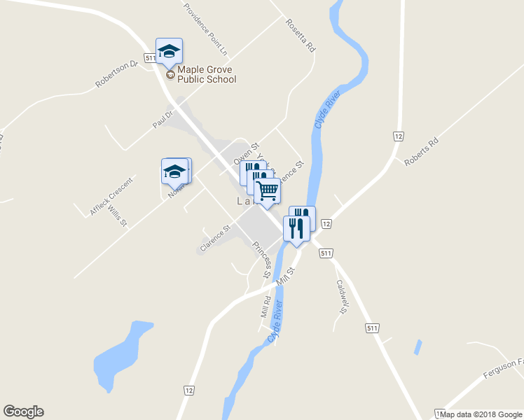 map of restaurants, bars, coffee shops, grocery stores, and more near 72 George Street in Lanark Highlands