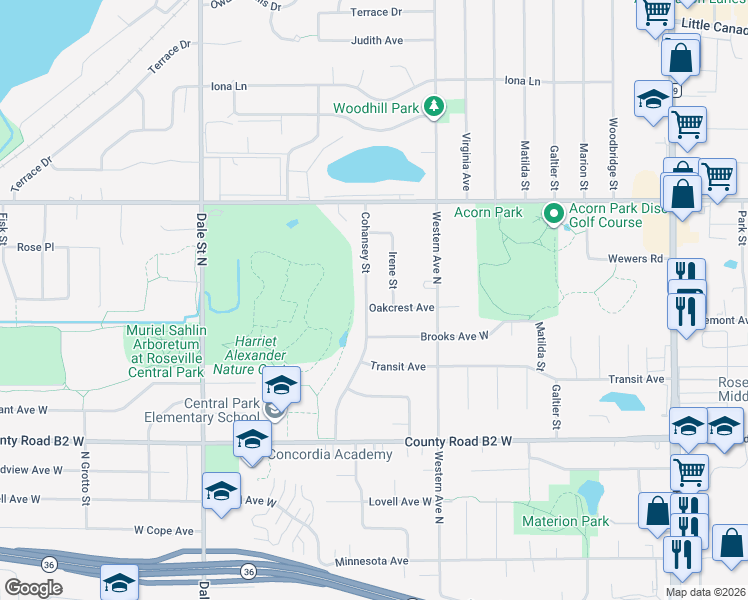 map of restaurants, bars, coffee shops, grocery stores, and more near 2553 Irene Street in Roseville