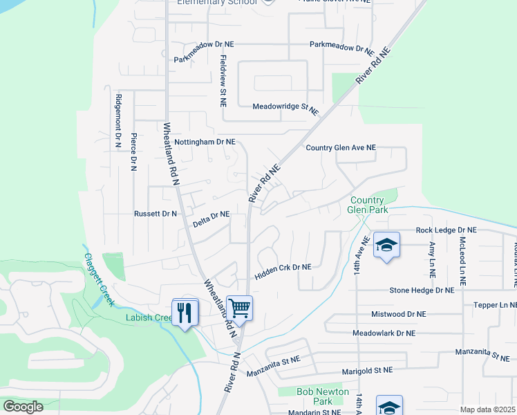 map of restaurants, bars, coffee shops, grocery stores, and more near 1174 River Road Northeast in Keizer