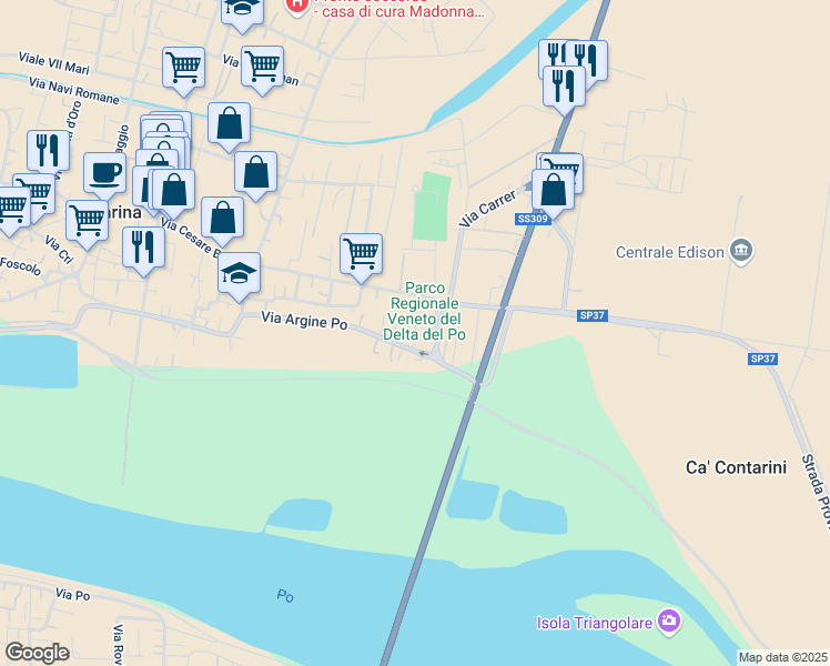 map of restaurants, bars, coffee shops, grocery stores, and more near 109C Via Argine Po in Porto Viro