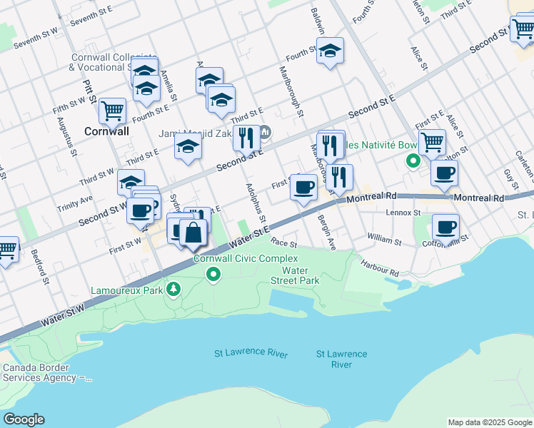 map of restaurants, bars, coffee shops, grocery stores, and more near 11 Adolphus Street in Cornwall