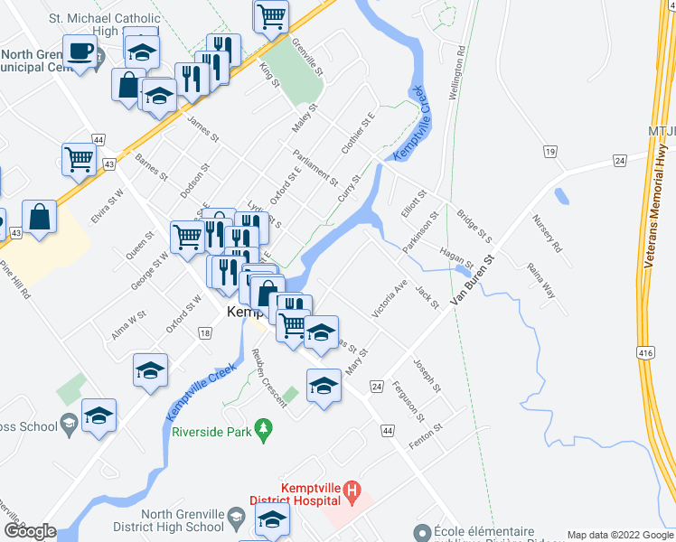 map of restaurants, bars, coffee shops, grocery stores, and more near 215 Asa Street in Kemptville