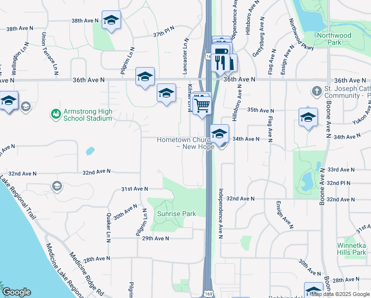 map of restaurants, bars, coffee shops, grocery stores, and more near 3301 U.S. 169 in Plymouth