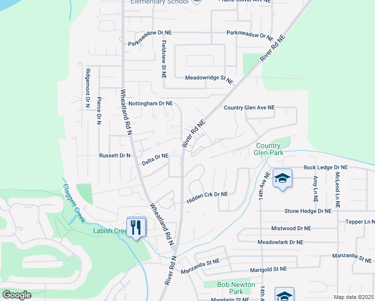map of restaurants, bars, coffee shops, grocery stores, and more near 1174 River Road Northeast in Keizer