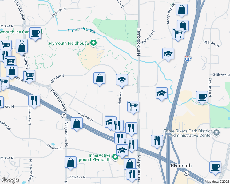 map of restaurants, bars, coffee shops, grocery stores, and more near 3333 Harbor Lane North in Minneapolis
