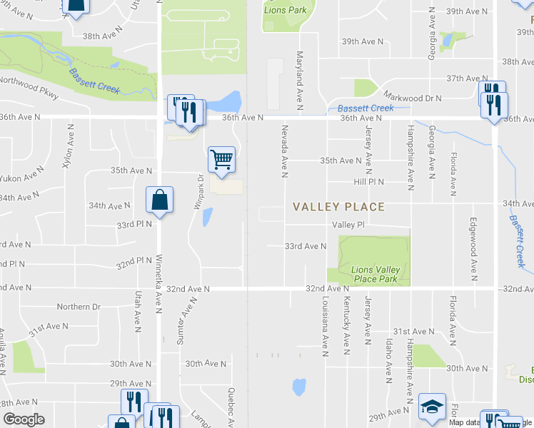 map of restaurants, bars, coffee shops, grocery stores, and more near 3345 Nevada Avenue North in Minneapolis