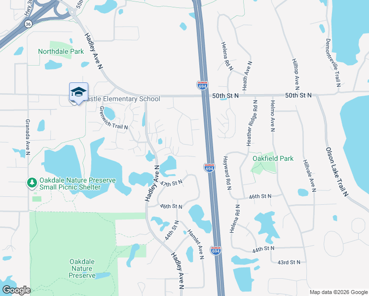 map of restaurants, bars, coffee shops, grocery stores, and more near 4822 Hamlet Way North in Oakdale