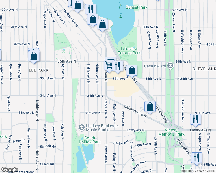 map of restaurants, bars, coffee shops, grocery stores, and more near 3430 France Avenue North in Minneapolis