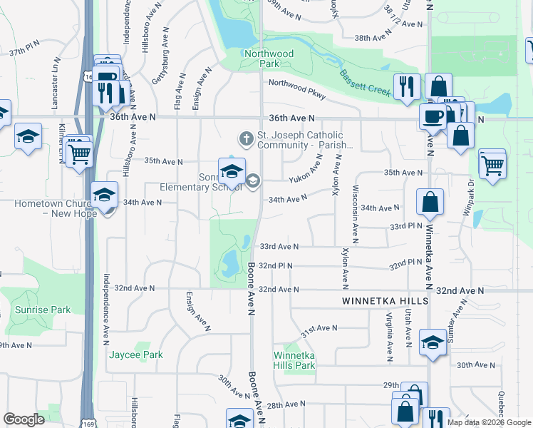 map of restaurants, bars, coffee shops, grocery stores, and more near 3364 Boone Circle in Minneapolis