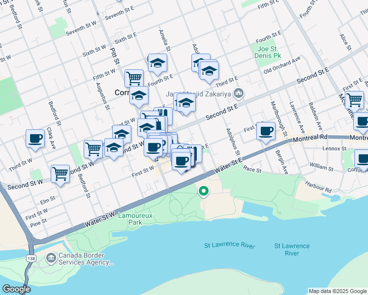 map of restaurants, bars, coffee shops, grocery stores, and more near 113 Sydney Street in Cornwall
