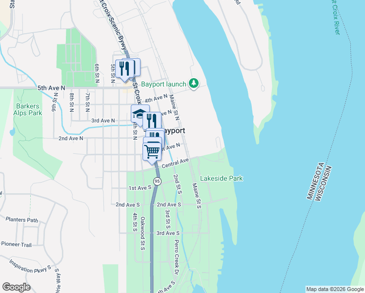 map of restaurants, bars, coffee shops, grocery stores, and more near 186 Maine Street South in Bayport