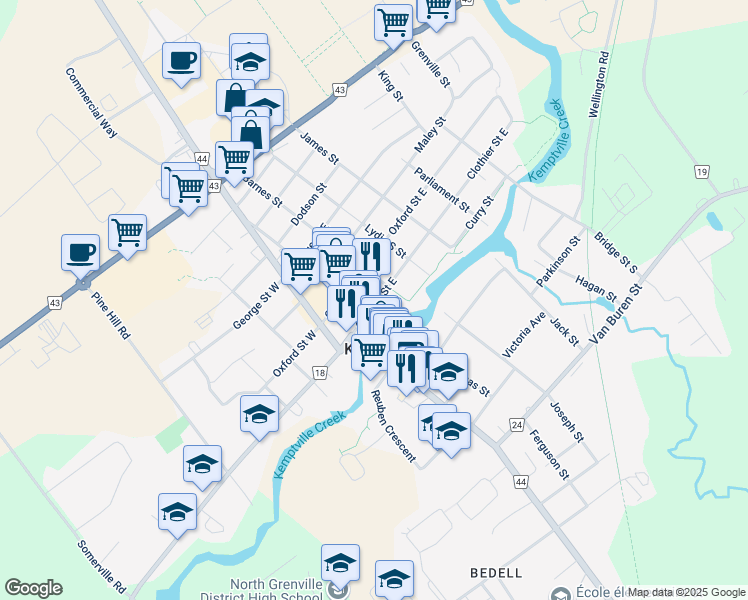 map of restaurants, bars, coffee shops, grocery stores, and more near 109 Clothier Street East in Kemptville