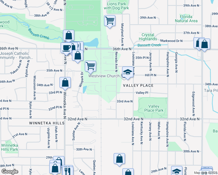 map of restaurants, bars, coffee shops, grocery stores, and more near 3343 Nevada Avenue North in Minneapolis