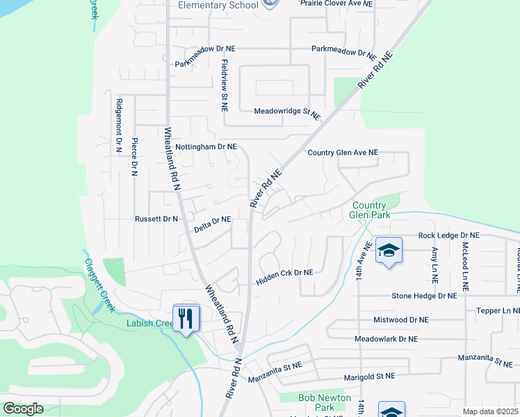 map of restaurants, bars, coffee shops, grocery stores, and more near 1174 River Road Northeast in Keizer