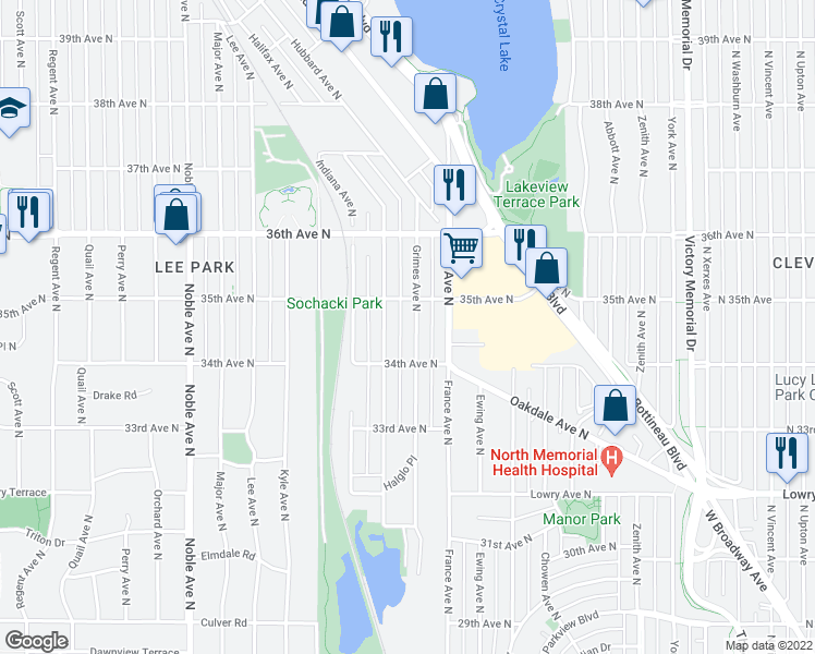 map of restaurants, bars, coffee shops, grocery stores, and more near 3435 Grimes Avenue North in Minneapolis
