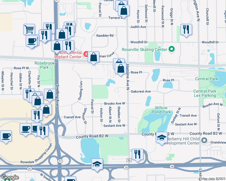map of restaurants, bars, coffee shops, grocery stores, and more near 2555 Hamline Avenue North in Roseville