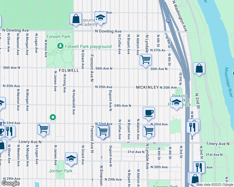 map of restaurants, bars, coffee shops, grocery stores, and more near 3438 Dupont Avenue North in Minneapolis