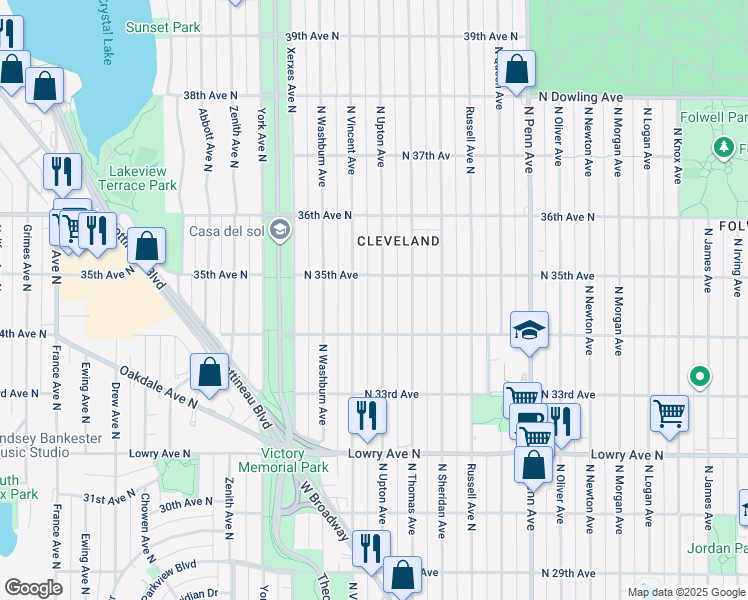 map of restaurants, bars, coffee shops, grocery stores, and more near 3435 North Upton Avenue in Minneapolis