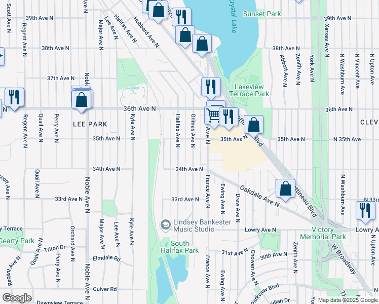 map of restaurants, bars, coffee shops, grocery stores, and more near 3435 Grimes Avenue North in Minneapolis