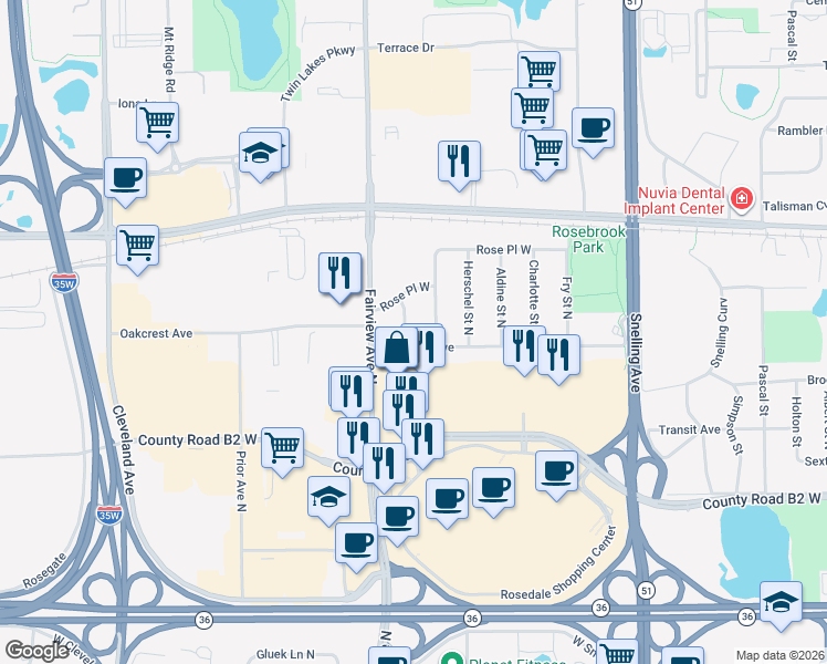 map of restaurants, bars, coffee shops, grocery stores, and more near 2558 Beacon Street North in Roseville
