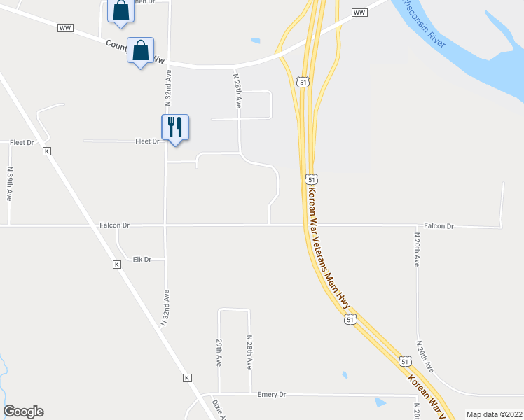 map of restaurants, bars, coffee shops, grocery stores, and more near 5047 North 28th Avenue in Wausau