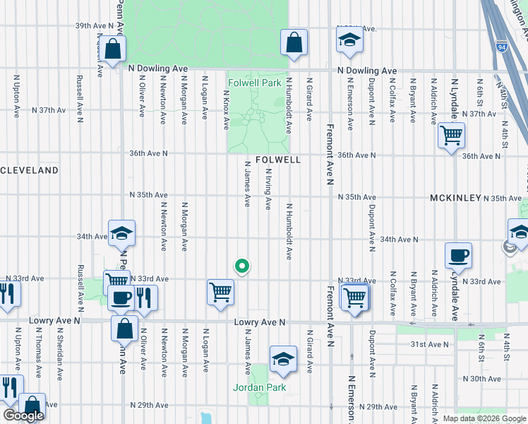 map of restaurants, bars, coffee shops, grocery stores, and more near 3439 North Irving Avenue in Minneapolis