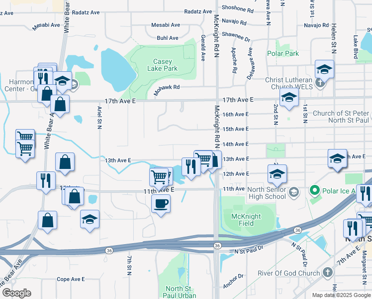 map of restaurants, bars, coffee shops, grocery stores, and more near 2192 14th Avenue East in North Saint Paul
