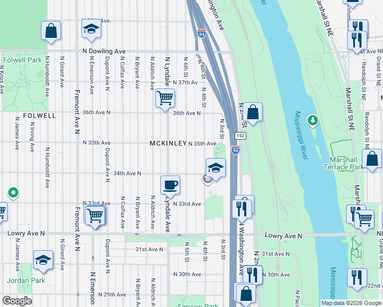 map of restaurants, bars, coffee shops, grocery stores, and more near 3442 North 6th Street in Minneapolis
