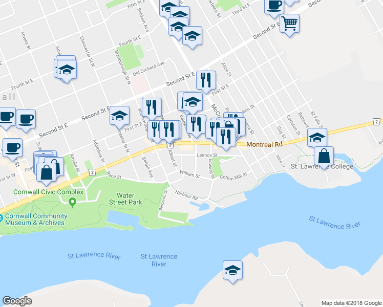map of restaurants, bars, coffee shops, grocery stores, and more near 34 Lennox Street in Cornwall