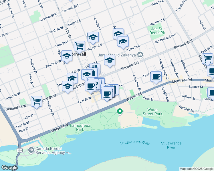 map of restaurants, bars, coffee shops, grocery stores, and more near 117 Sydney Street in Cornwall