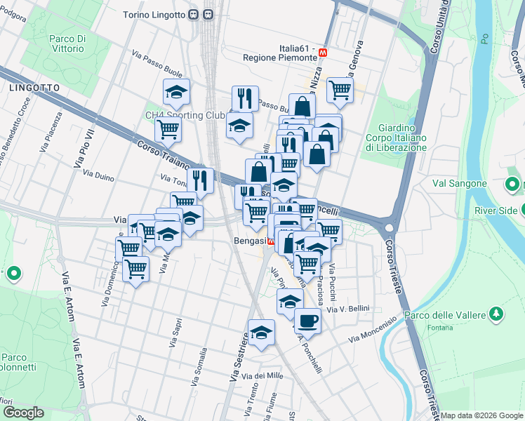 map of restaurants, bars, coffee shops, grocery stores, and more near 213-223 Via Onorato Vigliani in Torino