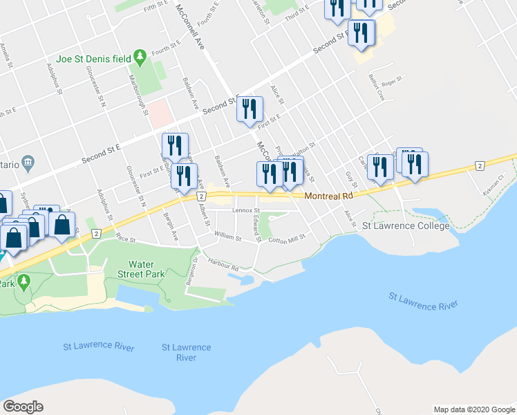 map of restaurants, bars, coffee shops, grocery stores, and more near 14 Edward Street in Cornwall