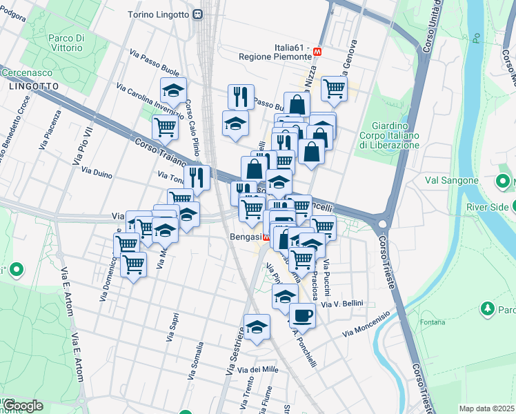 map of restaurants, bars, coffee shops, grocery stores, and more near 213-223 Via Onorato Vigliani in Torino