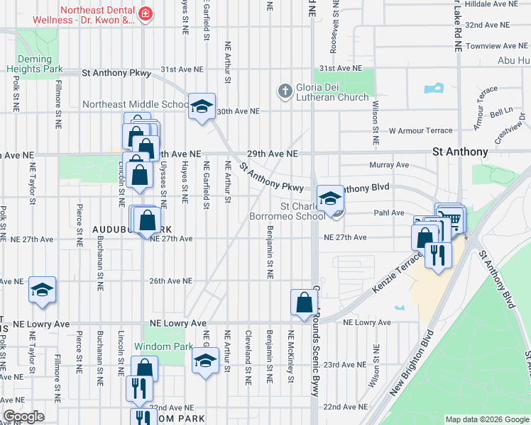 map of restaurants, bars, coffee shops, grocery stores, and more near 2734 Northeast Benjamin Street in Minneapolis