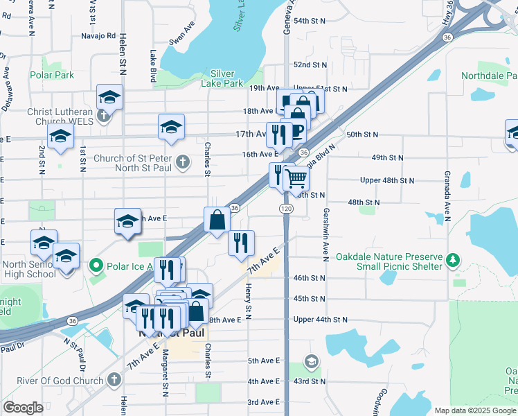 map of restaurants, bars, coffee shops, grocery stores, and more near 2700 Minnesota 36 in North Saint Paul