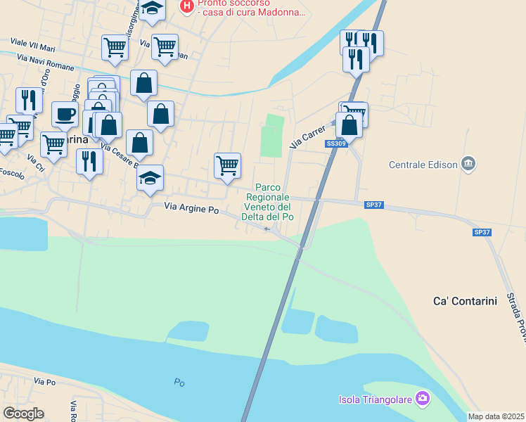 map of restaurants, bars, coffee shops, grocery stores, and more near 109c Via Argine Po in Porto Viro