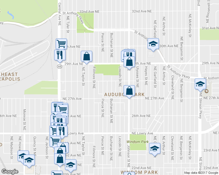 map of restaurants, bars, coffee shops, grocery stores, and more near 2734 Buchanan Street Northeast in Minneapolis