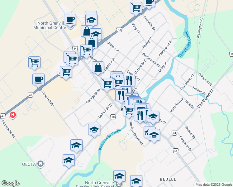 map of restaurants, bars, coffee shops, grocery stores, and more near 200 Sanders Street in Kemptville