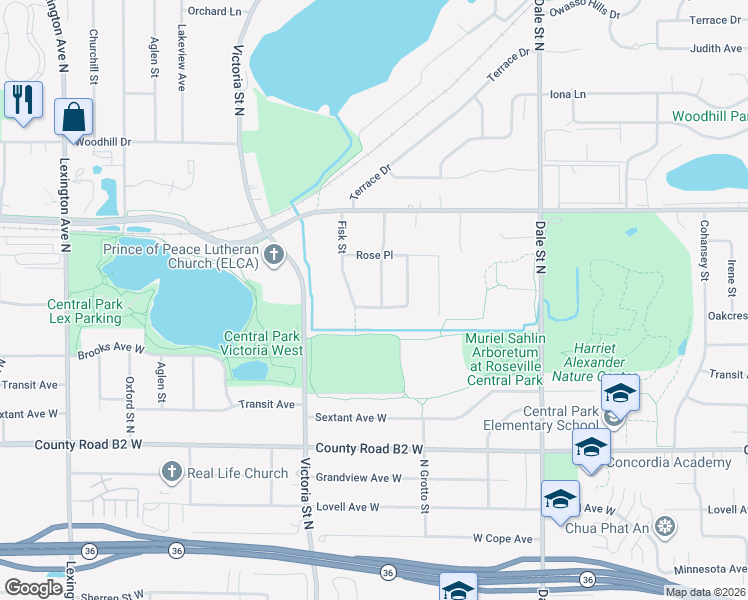 map of restaurants, bars, coffee shops, grocery stores, and more near 2547 North Avon Street in Roseville