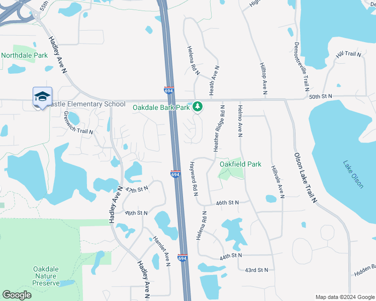 map of restaurants, bars, coffee shops, grocery stores, and more near 4801 Helena Road North in Oakdale